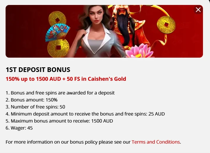 Cashier modal for the first deposit: a 150% match to AU$1,500 with 50 free spins, above the numbered conditions