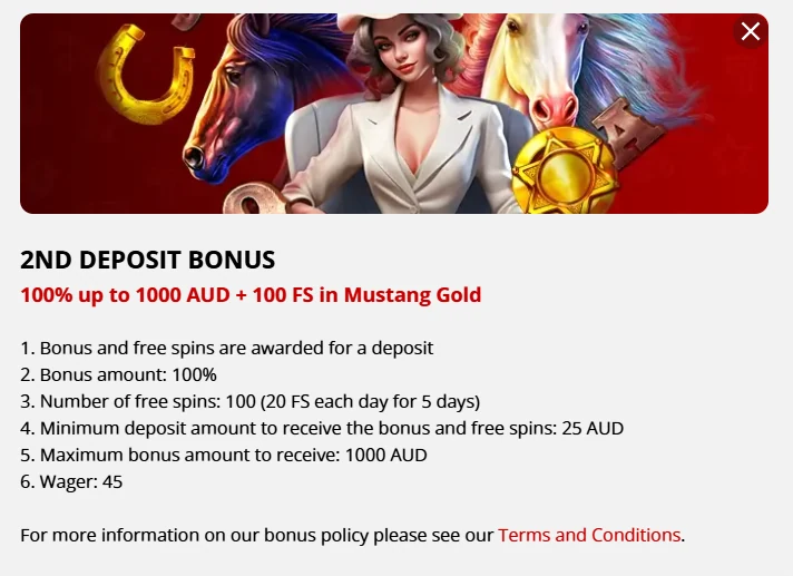 Cashier modal for the second deposit: a 100% match to AU$1,000 with 100 free spins, above the numbered conditions