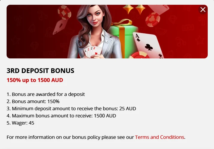 Cashier modal for the third deposit: a 150% match to AU$1,500, above the numbered conditions