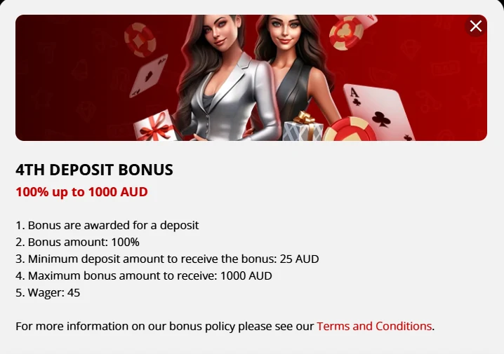 Cashier modal for the fourth deposit: a 100% match to AU$1,000, above the numbered conditions
