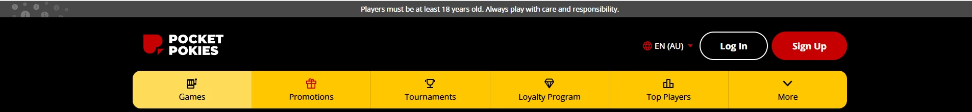 The operator's header strip with the Log In and Sign Up buttons above the yellow menu band