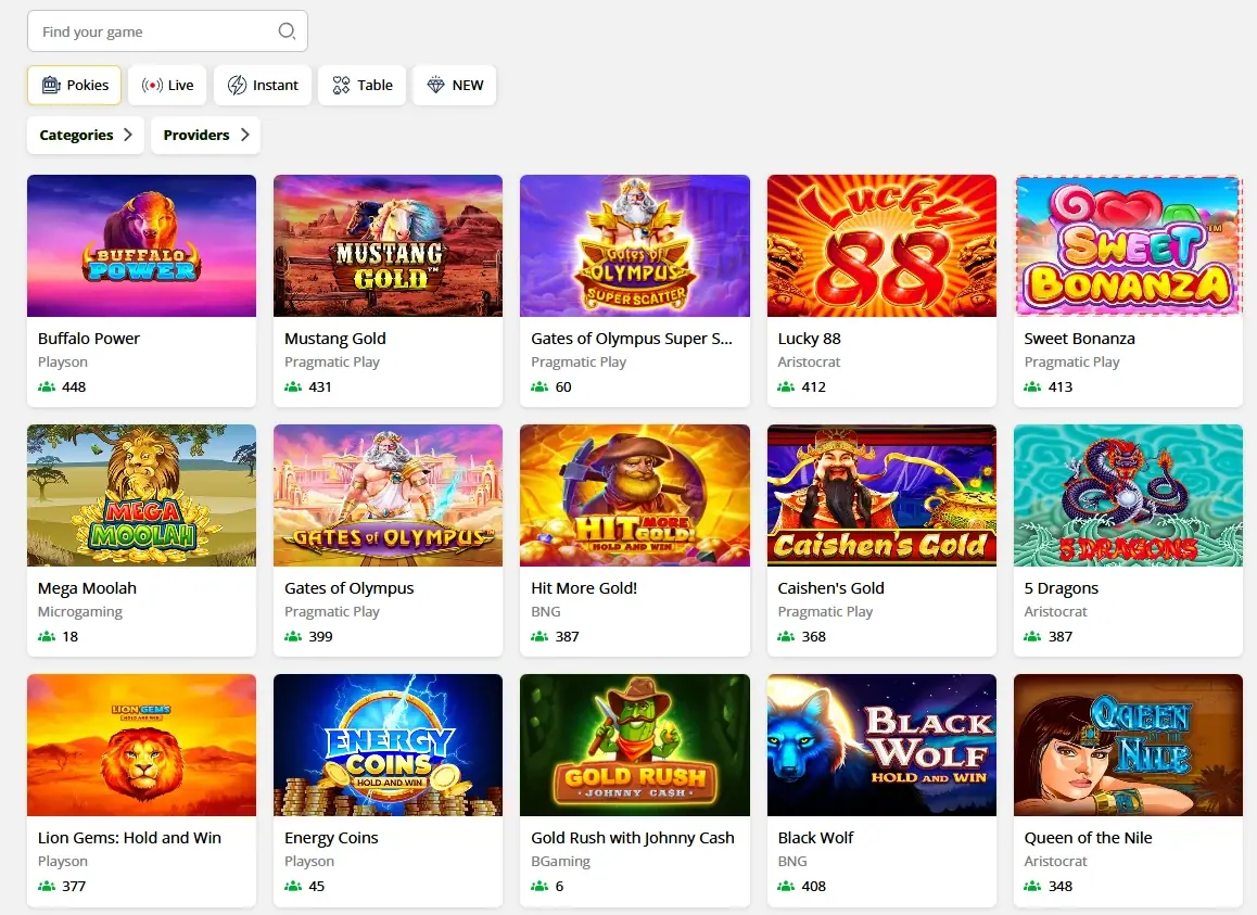 The lobby loaded after sign-in: search field, the category tabs, the filter buttons and the grid of game tiles