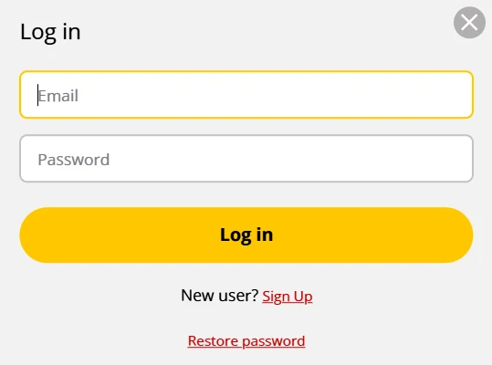 The Log in window with its Email and Password fields, the Log in button, and the Sign Up and Restore password links underneath