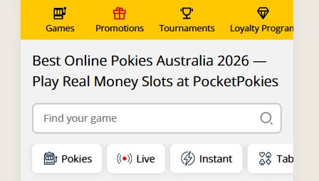 The lobby on a phone with the scrollable menu band, the search field and the Pokies, Live and Instant tabs